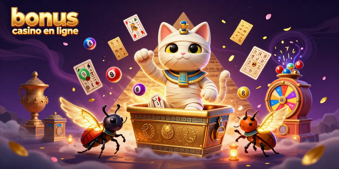 Jouez dans un casino en ligne avec des bonus, visuel d'un chat momie et un scarabée lumineux.