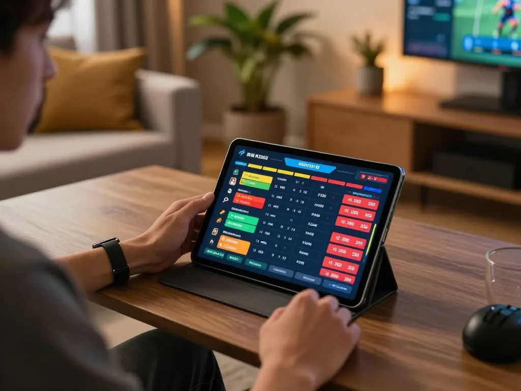 Betting on a 包网 platform with vibrant odds on a tablet, creating a relaxed gaming atmosphere