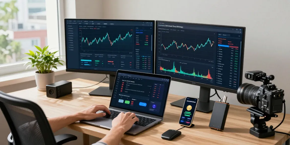 Profitable cloud mining platform interface displayed on multiple screens in a modern workspace.