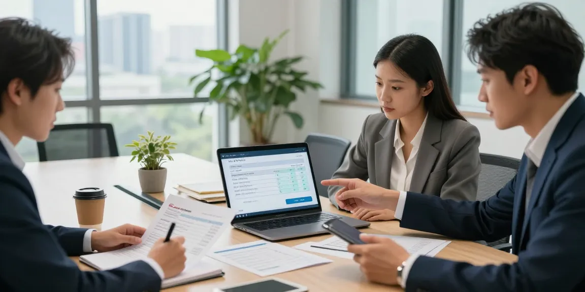 Team analyzing documents to detect fake invoices in a modern office setting.
