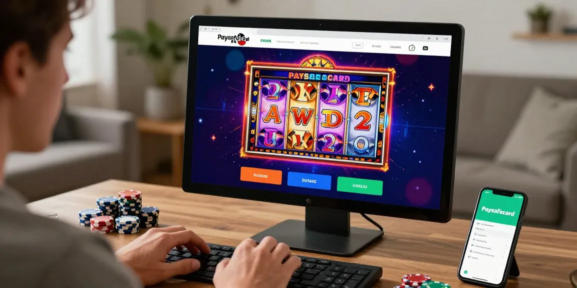 Erlebnis eines Paysafe Card Casinos mit lebendigem Interface und sicheren Zahlungsikonen in einer häuslichen Umgebung.