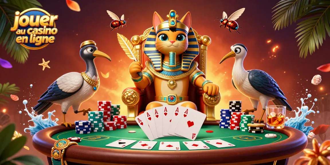 Jouer au casino en ligne avec un chat pharaon égyptien et des éléments de poker dynamiques.