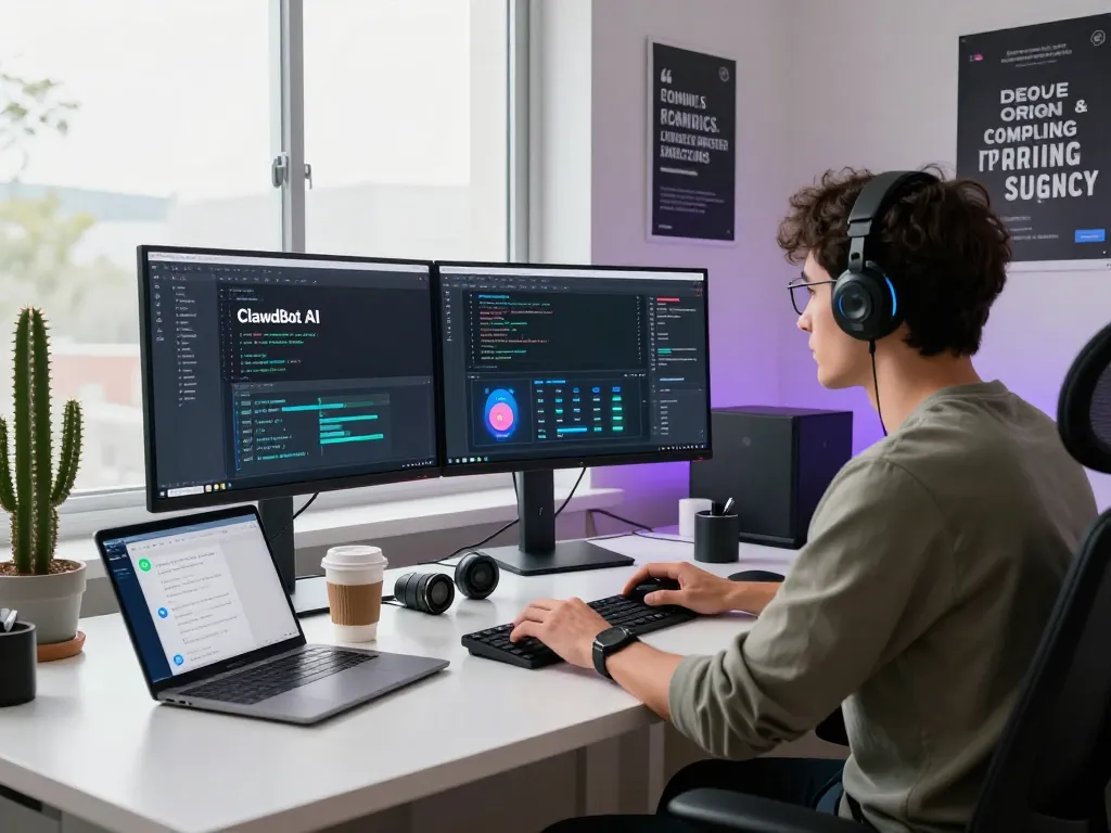 Developer utilizing clawdbot ai on a dual-monitor setup with messaging apps open in a modern workspace.