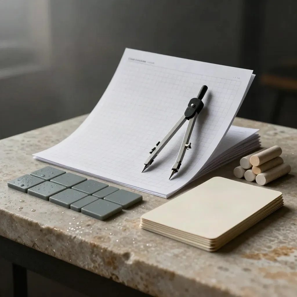 Matte algebra tiles, graph paper, compass and chalk on pale stone in soft dawn light.