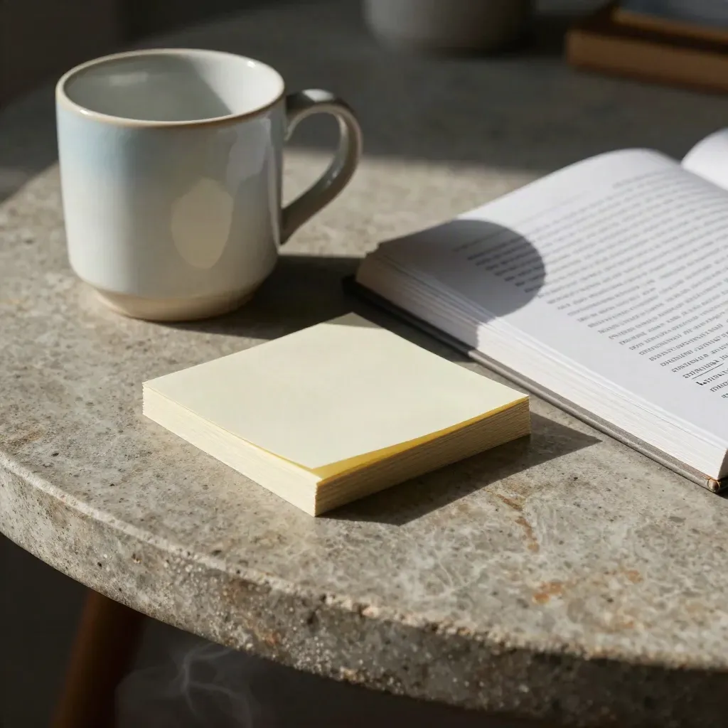 Top-down macro still life of mug ring, folded note cards, and a homework workbook on stone.