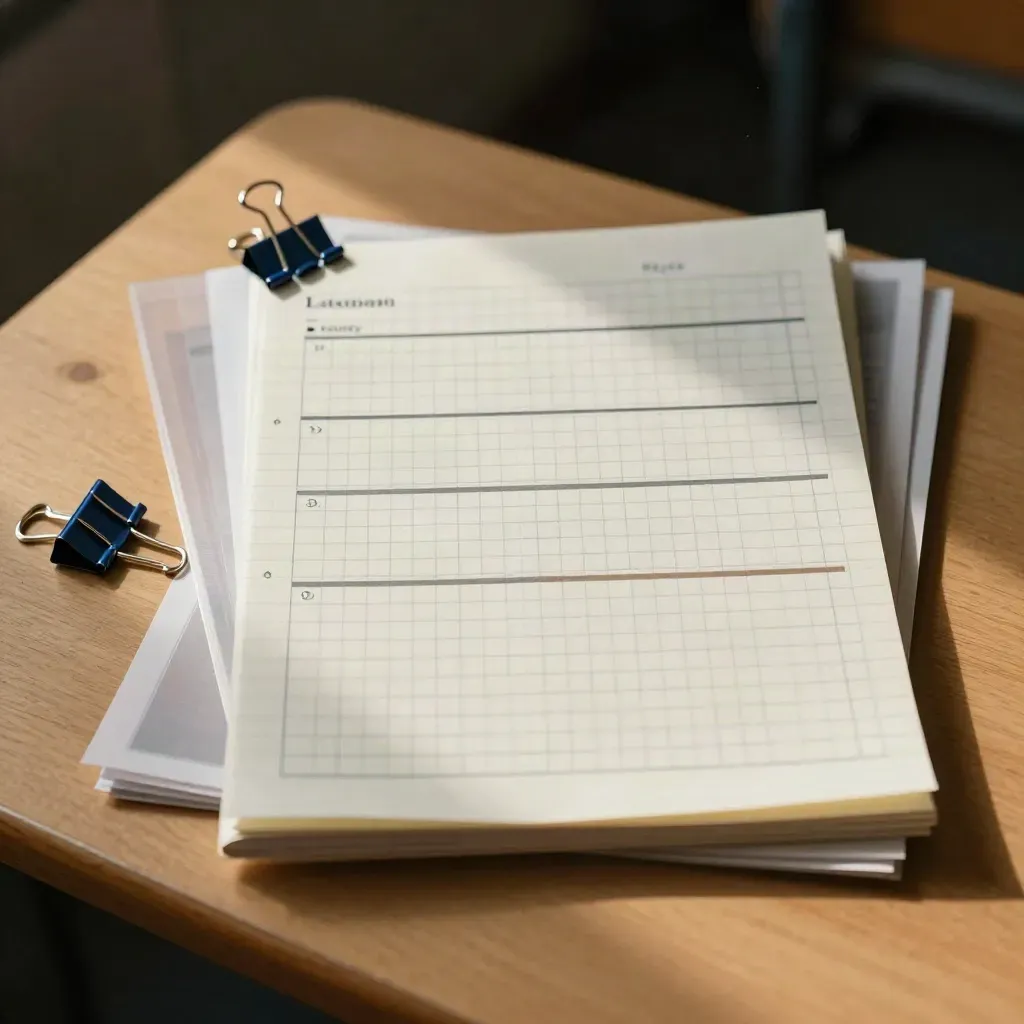 Overhead planning spread with graph-paper slips, divider sheets, and navy binder clips on pale wood.