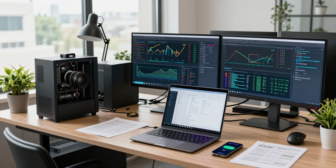 Cloud mining setup featuring cryptocurrency charts, mining software, and digital wallet on multiple screens in a modern office.
