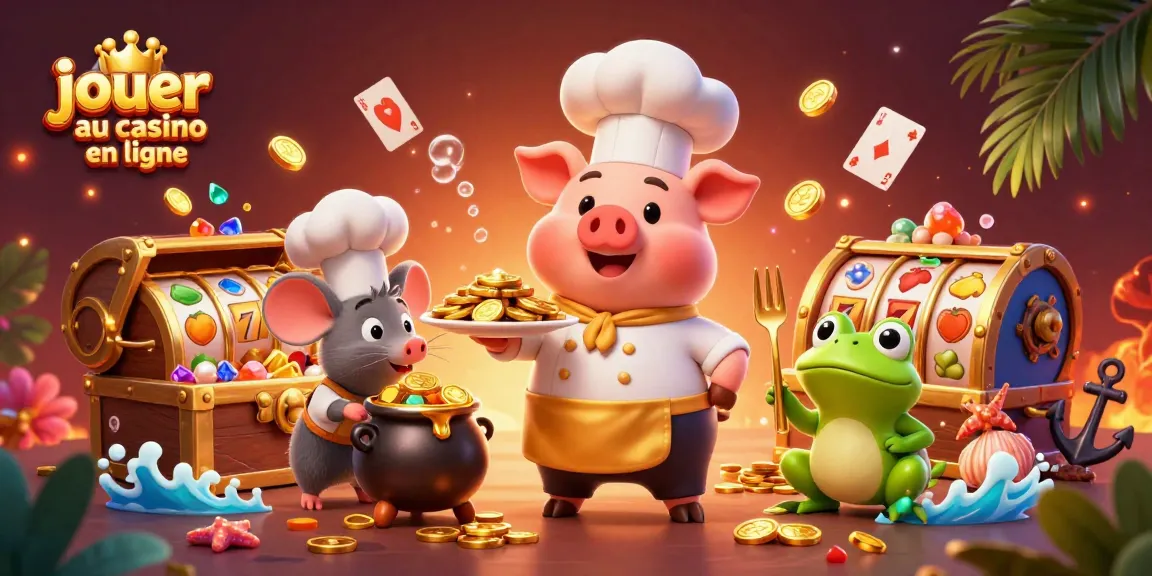 Jouer au casino en ligne avec un chef cartoon servant des pièces d'or et des éléments de machine à sous.