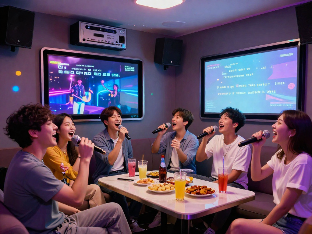 강남 달토 가라오케에서 친구들이 즐겁게 노래 부르고 있는 장면