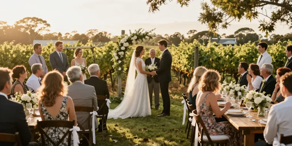 Pokolbin wedding photographer capturing a couple's heartfelt vows at a vineyard ceremony during golden hour.