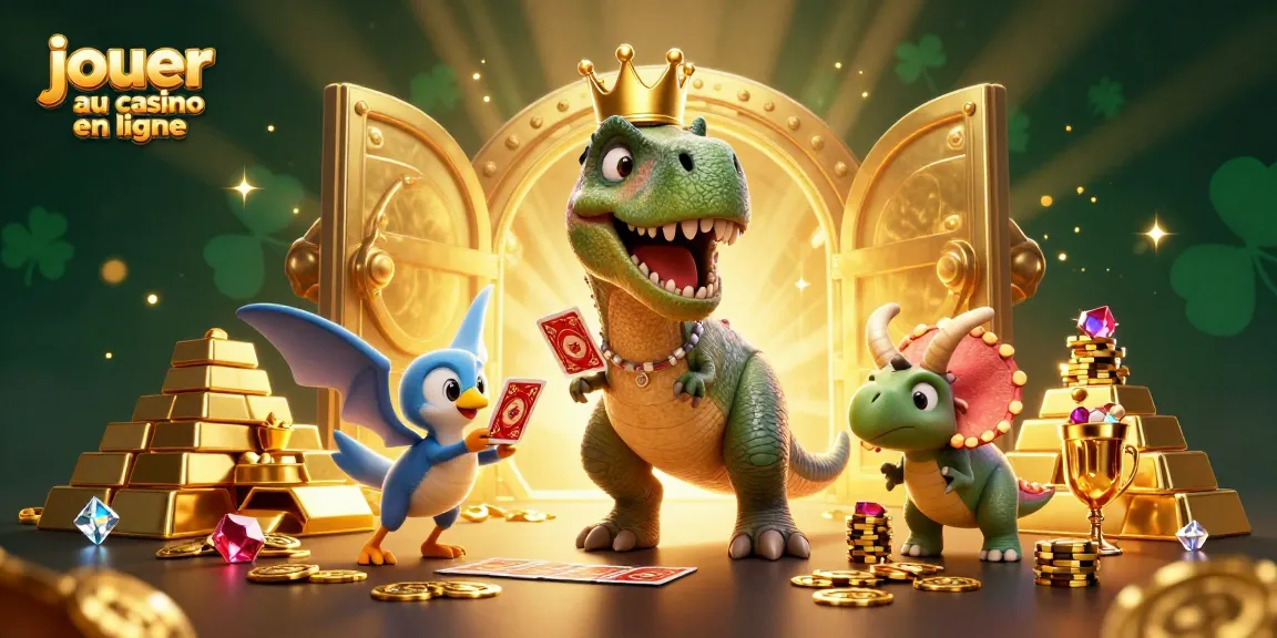 Jouer au casino en ligne avec un T-Rex sympathique, des cartes et des jetons d'or dans une scène animée.