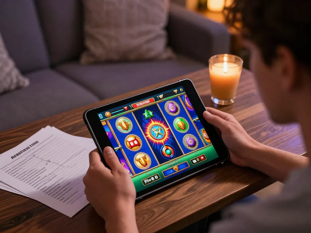 Pemain menikmati permainan slot DEWI88 di tablet dengan catatan strategis, menciptakan atmosfer permainan online yang menarik.