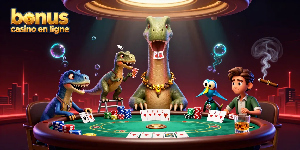 Bonus casino en ligne: Cartes distribuées par un raptor, brontosaurus observant au-dessus d'un tableau de poker.
