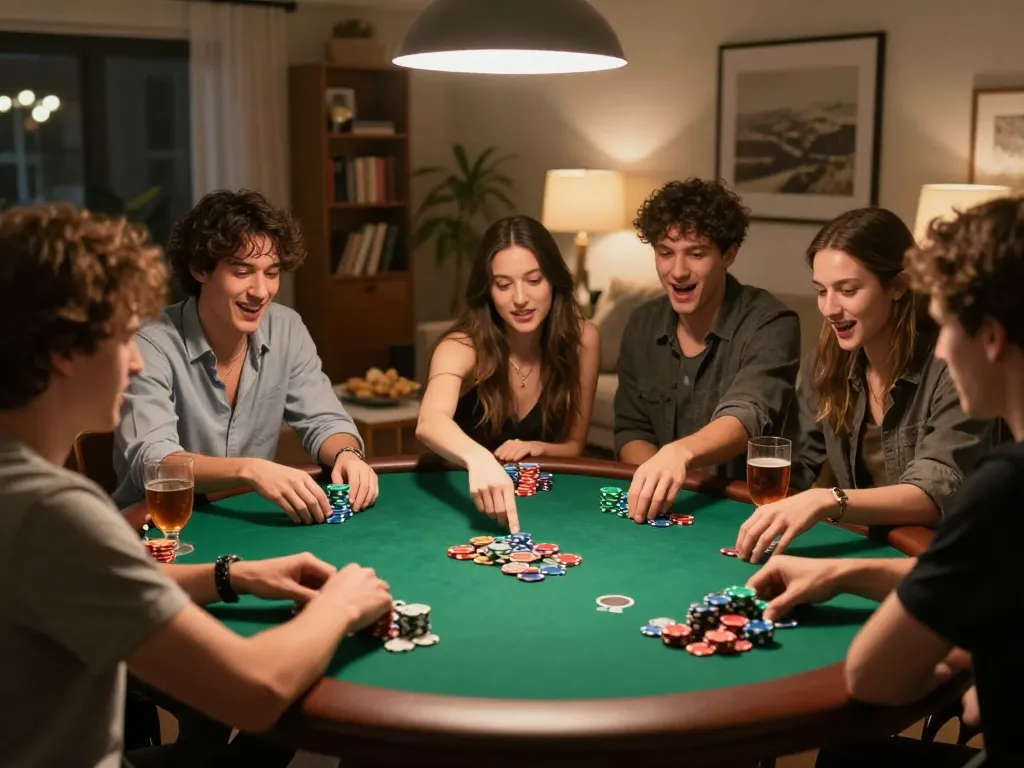Players at a fun poker night strategizing while enjoying a game at home with lc88 vibes