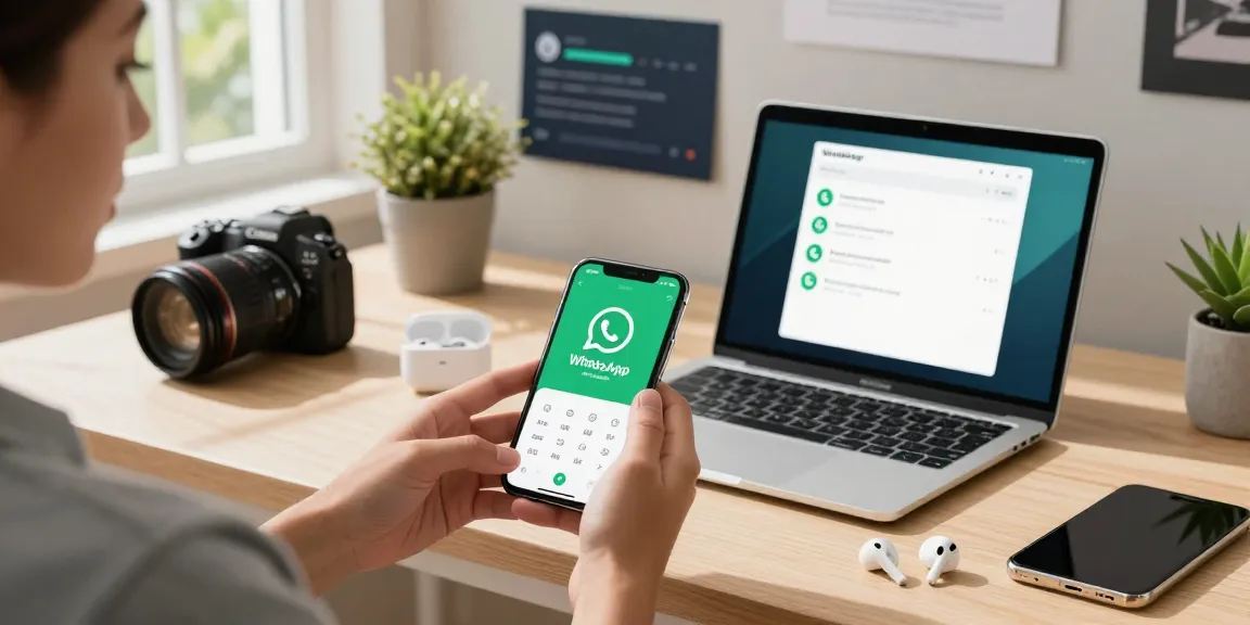 WhatsApp下載 on smartphone in a modern home office setup, showcasing a digital workspace.
