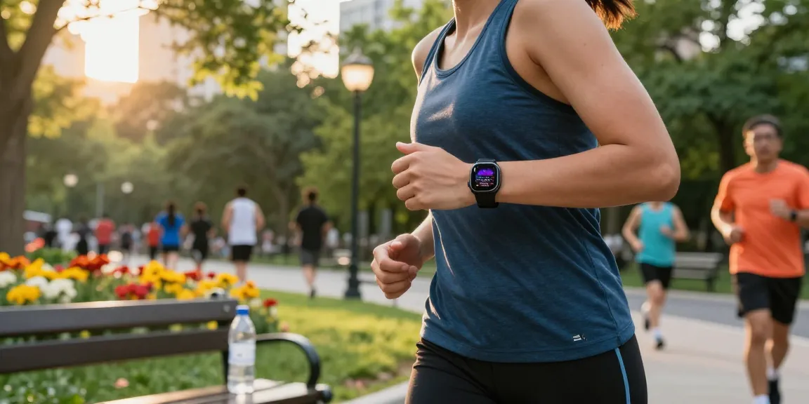 Monitoring kesehatan dengan smartwatch Fitbit Luxe dari https://www.polarfitbitshop.com/fitbit-luxe/ saat berlari di taman kota yang cerah.