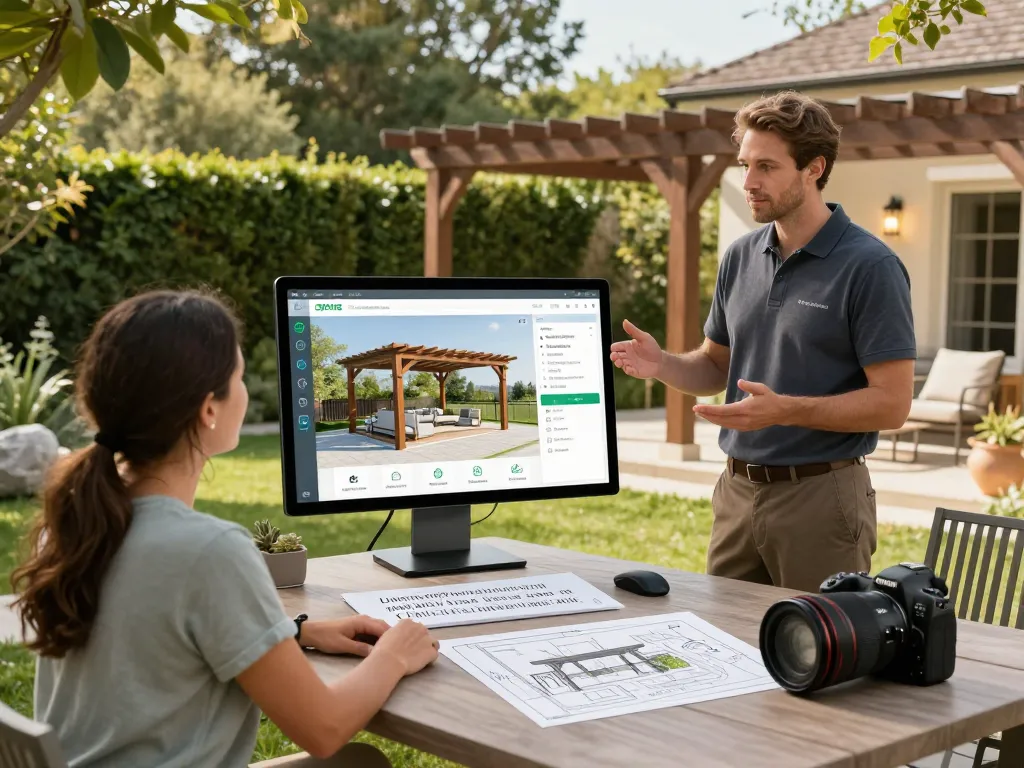 Pergola Configurator Software showcased live by an installer to clients in a garden.