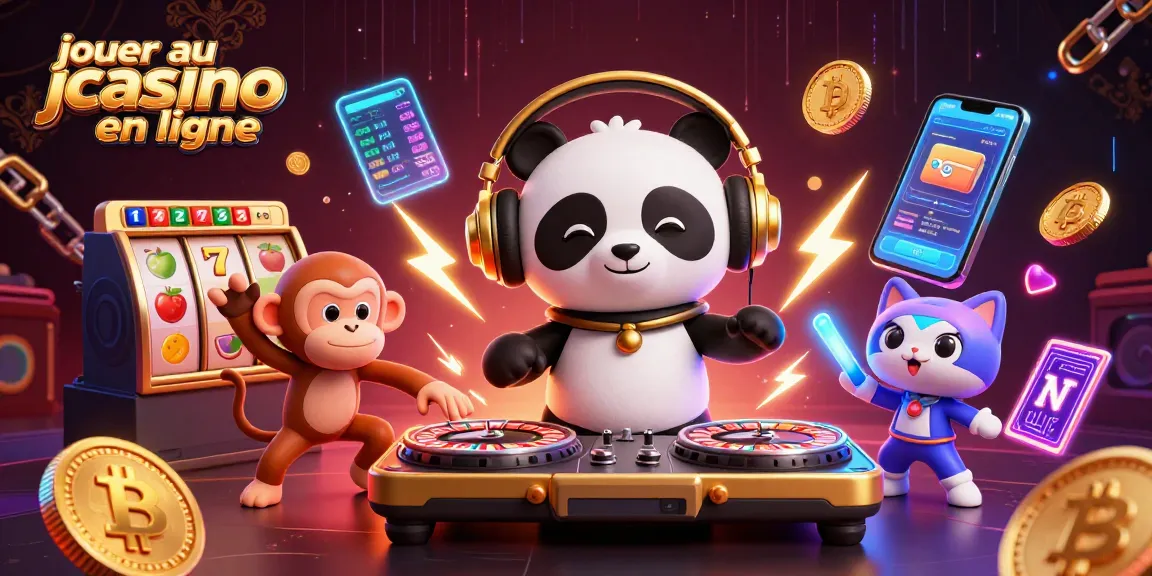 Jouer au casino en ligne avec un panda DJ et un singe dansant au milieu des machines à sous et des cryptomonnaies.