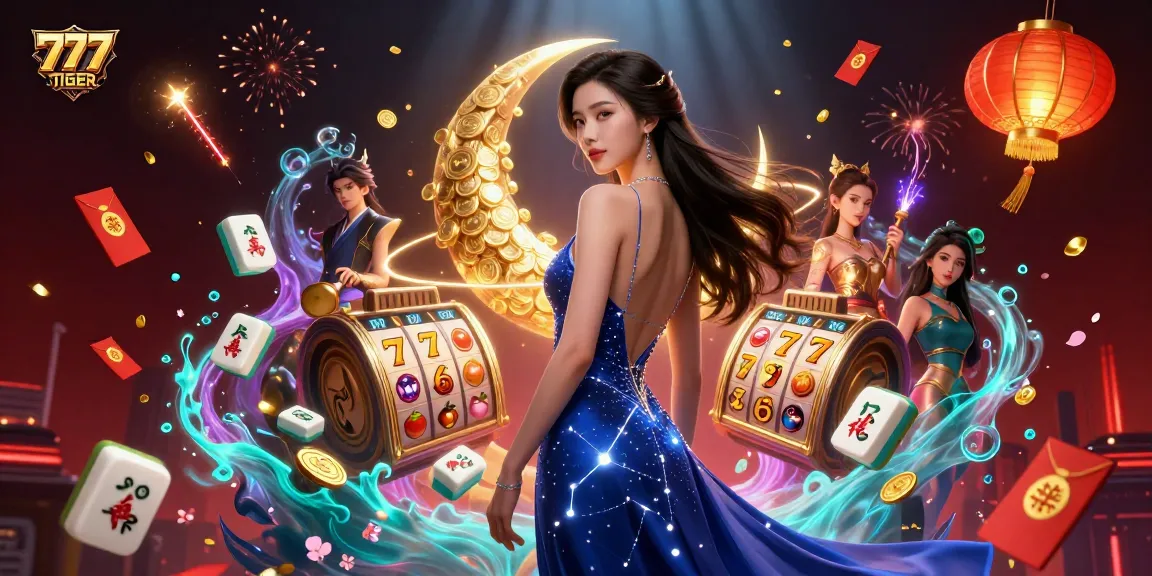 Experience excitement at 777TIGER with vibrant visuals of slot reels and stunning characters.