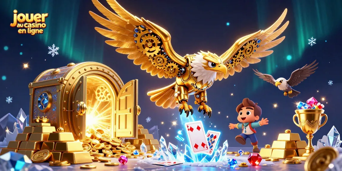 Jouer au casino en ligne avec un aigle cybernétique, cartes holographiques et un trésor éblouissant.