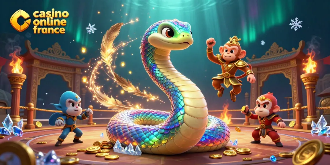 Plongez dans l'univers des jeux avec le casino en ligne en France, serpent coloré, et roi singe dynamique.