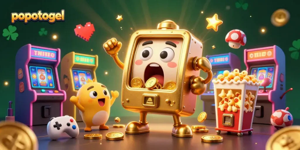 Slot mesin popotogel memenuhi jackpot dengan koin berkilau jatuh untuk kemenangan yang menarik