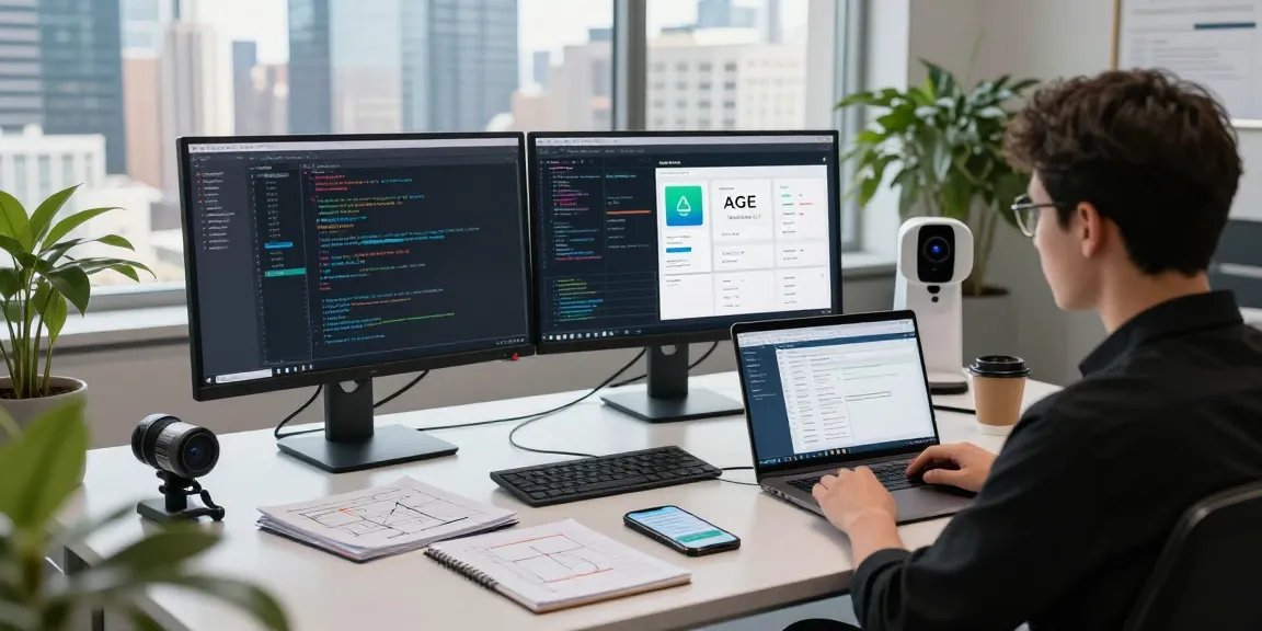 Developer working on an age verification system in a modern office setting