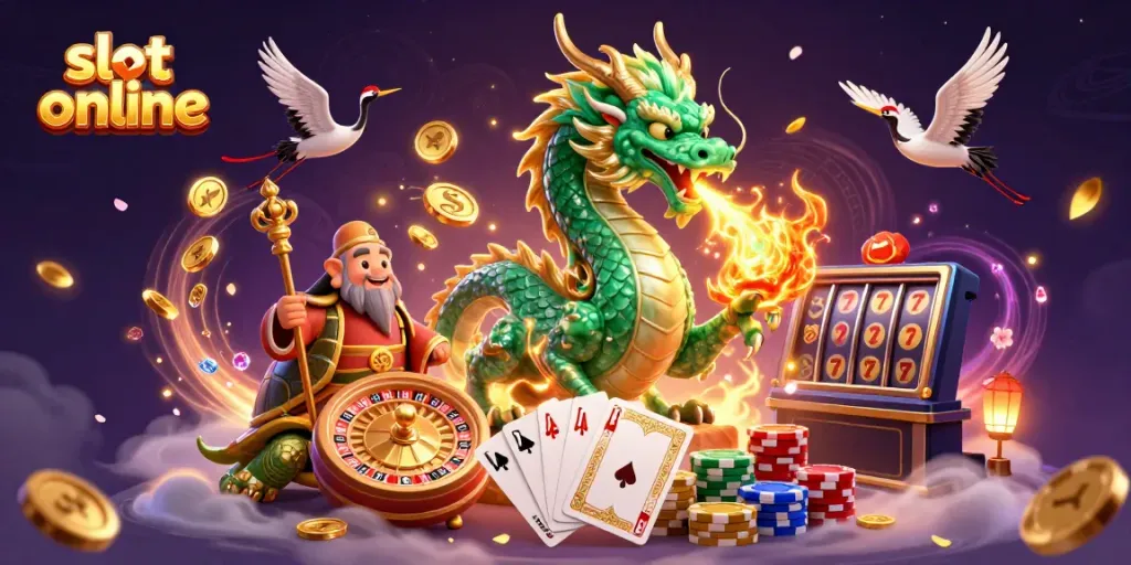 Experience the thrill of slot online with a vibrant 3D illustration featuring dragons, turtles, and cascading coins.