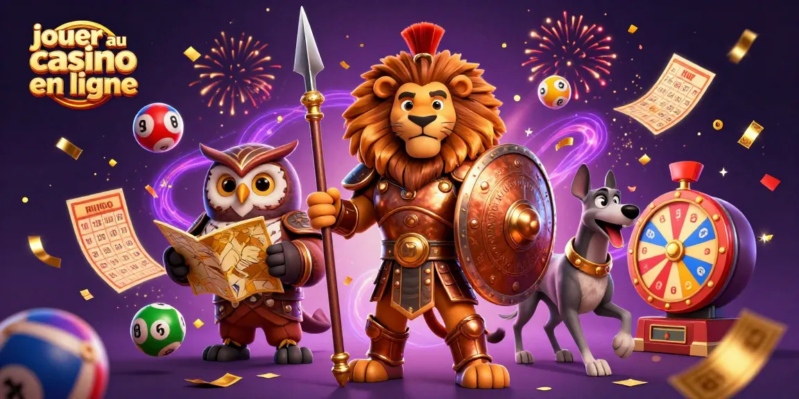Jouer au casino en ligne avec des personnages dynamiques entourés d'éléments de jeu colorés et festifs.