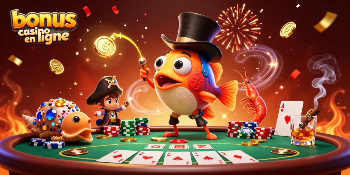 Illustration 3D animée de bonus casino en ligne avec des personnages marins jouant au poker.