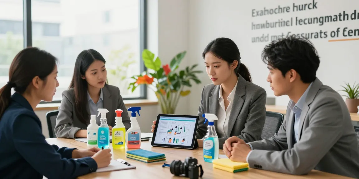 Büroreinigung: Professionelles Team diskutiert Reinigungsplan in modernem Büro