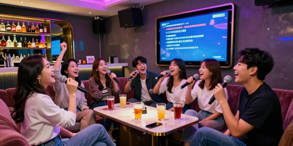 강남 도파민 가라오케에서 친구들이 즐겁게 노래하는 모습과 화려한 조명으로 활기찬 분위기