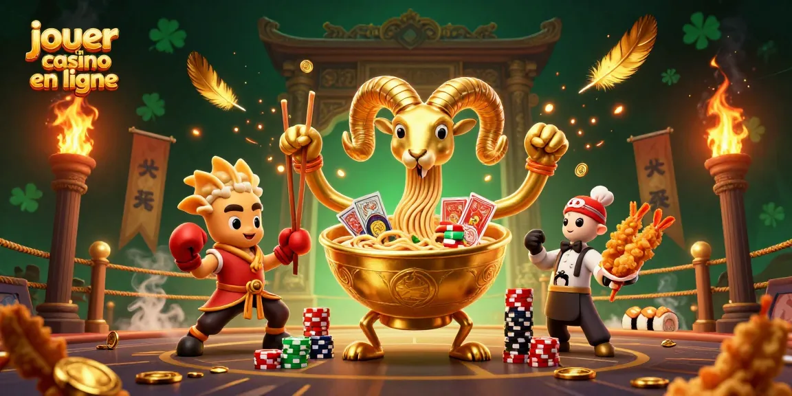 Jouez au casino en ligne avec ce bol de ramen géant, distribuant des cartes dans une arène vibrante.