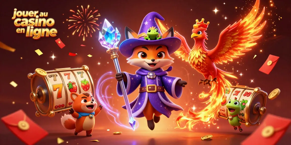 Jouer au casino en ligne avec un mage et un phoenix, entourés de rouleaux de machines à sous.