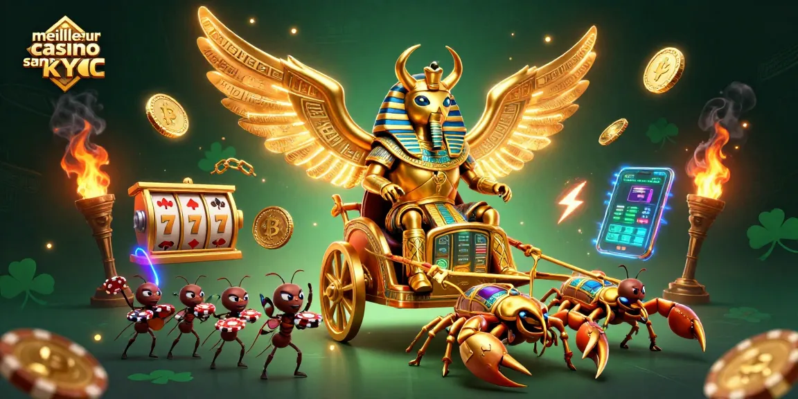 Découvrez le meilleur casino sans KYC avec un scarabée doré et des éléments de jeu dynamique.
