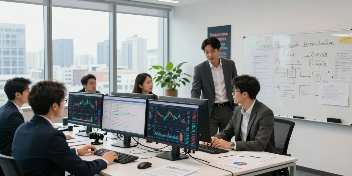 Team analyzing financial crime intelligence data in a modern office setting, actively discussing strategies and insights.