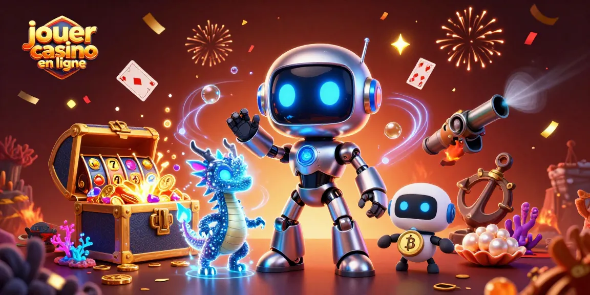 Jouer au casino en ligne avec un robot cyberpunk et un dragon holographique, entouré d'éléments de jeu colorés.