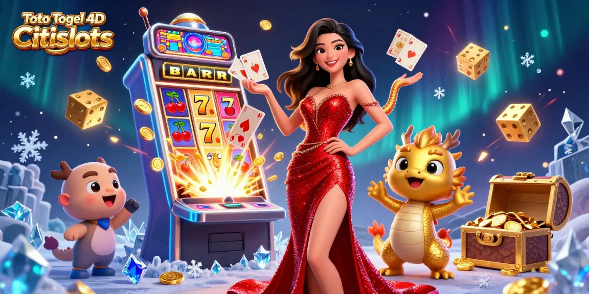 Toto Togel 4D Citislots showcases an engaging 3D scene featuring an elegant woman, vibrant gameplay elements, and jackpot excitement.