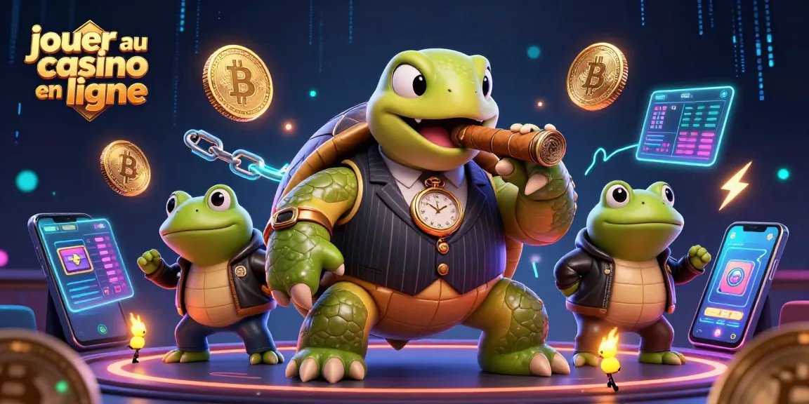 Jouer au casino en ligne avec un énorme tortue dans un costume vintage, entouré de pièces de crypto-monnaies.