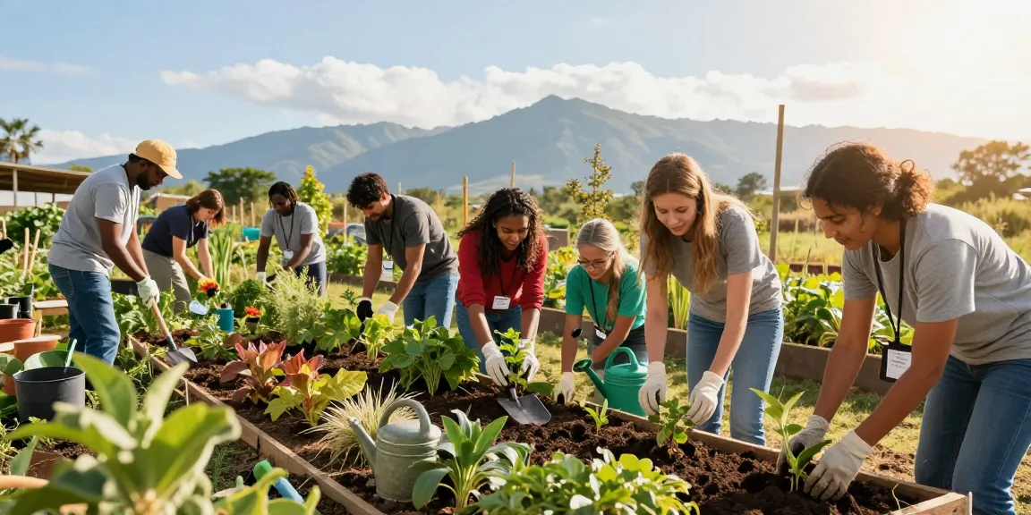 International volunteers actively gardening at a community project site, showcasing IVQ initiative.
