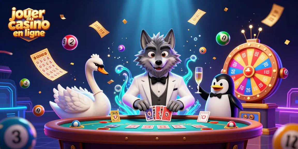 Jouer au casino en ligne avec une scène dynamique de personnages animés autour de jeux de loterie.