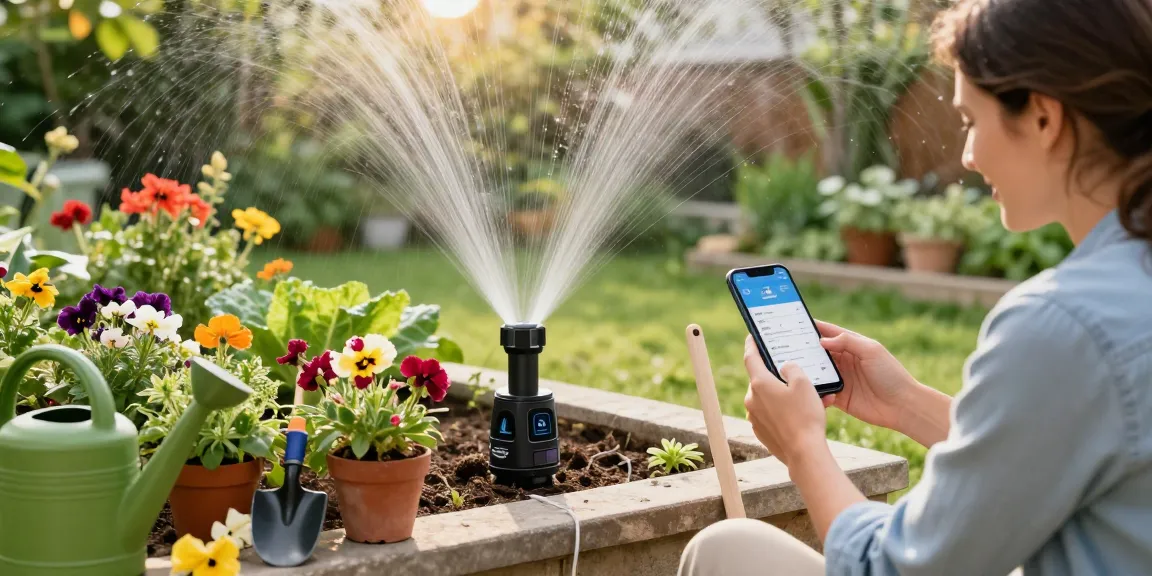 Homeowner using a RainPoint sprinkler timer to automate garden watering in a vibrant backyard.