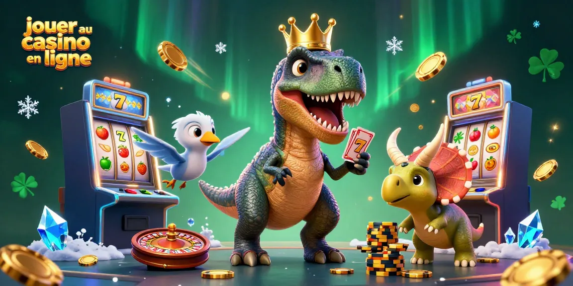 Jouer au casino en ligne avec un T-Rex tentant de mélanger des cartes dans un décor animé.
