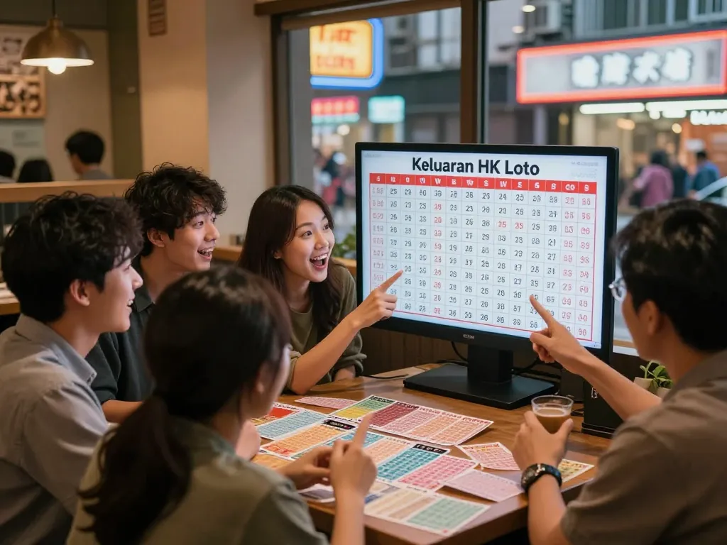Excited bettors checking HK lotto results in a lively café atmosphere.