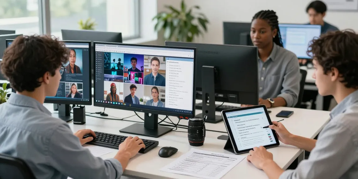 Team using ai image detector software for content moderation in a modern office.
