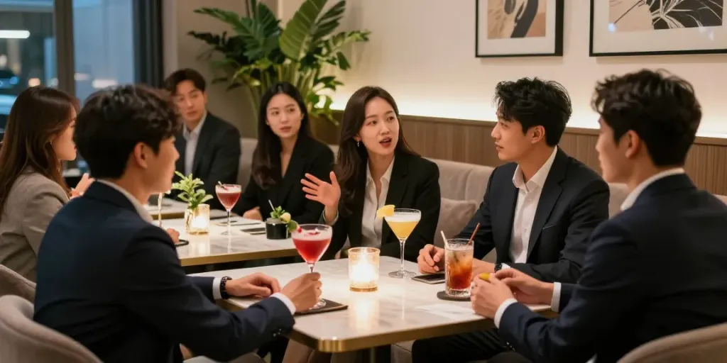 강남 구구단에서의 비즈니스 모임을 즐기는 사람들의 모습, 분위기 있는 인테리어 강조