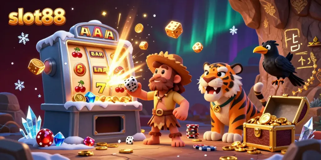 Experience the thrill of slot88 jackpots with a lively prehistoric casino scene featuring colorful slot machines and animated characters.