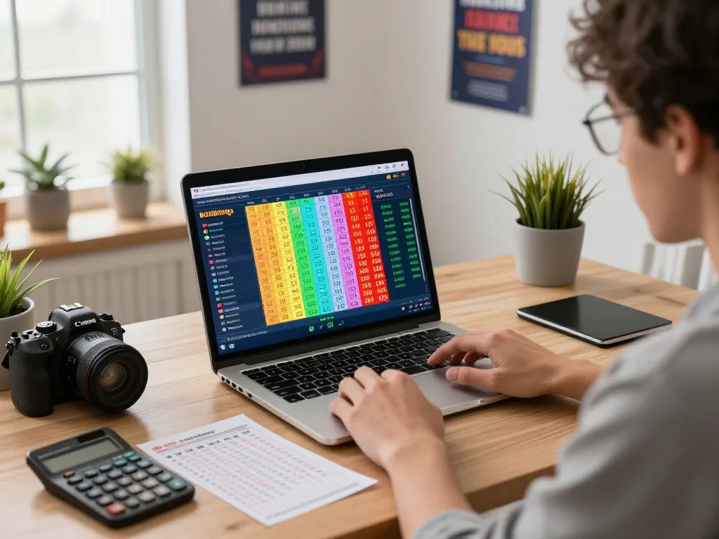 Engaging scene of HK lottery player analyzing live results and betting data in a modern home office.