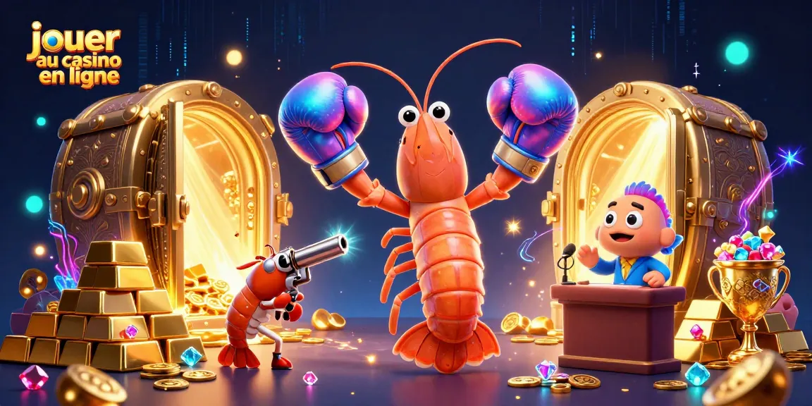 Jouer au casino en ligne avec une illustration animée captivante de crevettes, trésors et lumières éclatantes.