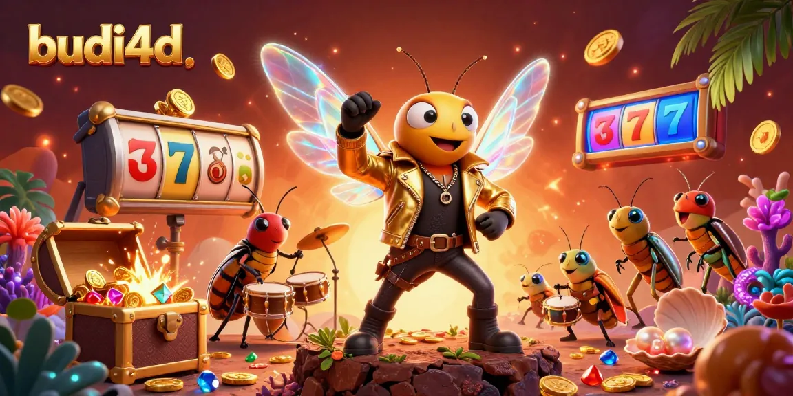 Budi4d's vibrant 3D casino scene showcases a cicada rock star, beetle drummer, and exciting gambling elements.
